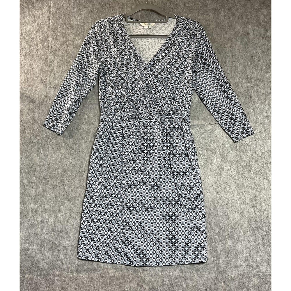 Boden Dress Women 2P Blue Geometric Faux Wrap Dress Knee V-Neck Pockets Petite 2